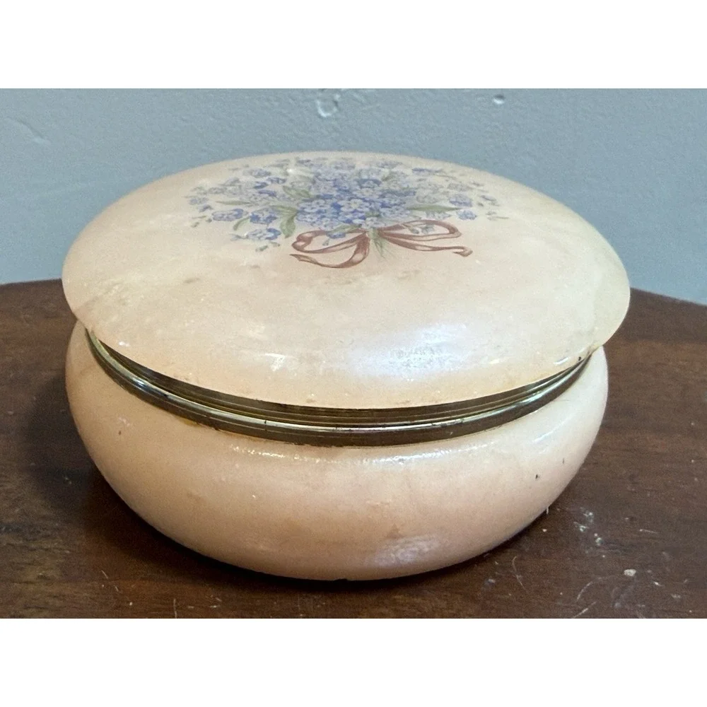 Vintage Italy Carved Alabaster Jewelry Box Hinged Lid Hand Painted Flowers 4.5